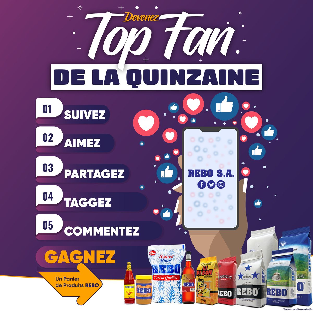 REBOhaiti's tweet photo. Devenez #TopFanDeLaQuinzaine !🏆
C'est simple:
▪Suivez
▪Aimez
▪Partagez
▪Taggez
▪Commentez
Et gagnez un panier de produits #REBO.
🍀Plus vous participez plus de chance vous aurez de gagner.🍀
#REBOSAHT #REBOHAITI #REBOCestLaQualite https://t.co/Kfzg6eK2xH