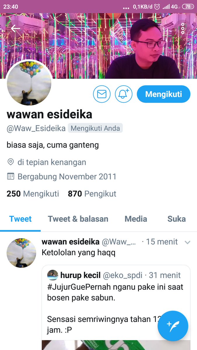 #JujurGuePernah punya follower yang ngaku ganteng, padahal biasa aja.
Cc : <a href="/Waw_Esideika/">Wawan Esideika</a> :) :P