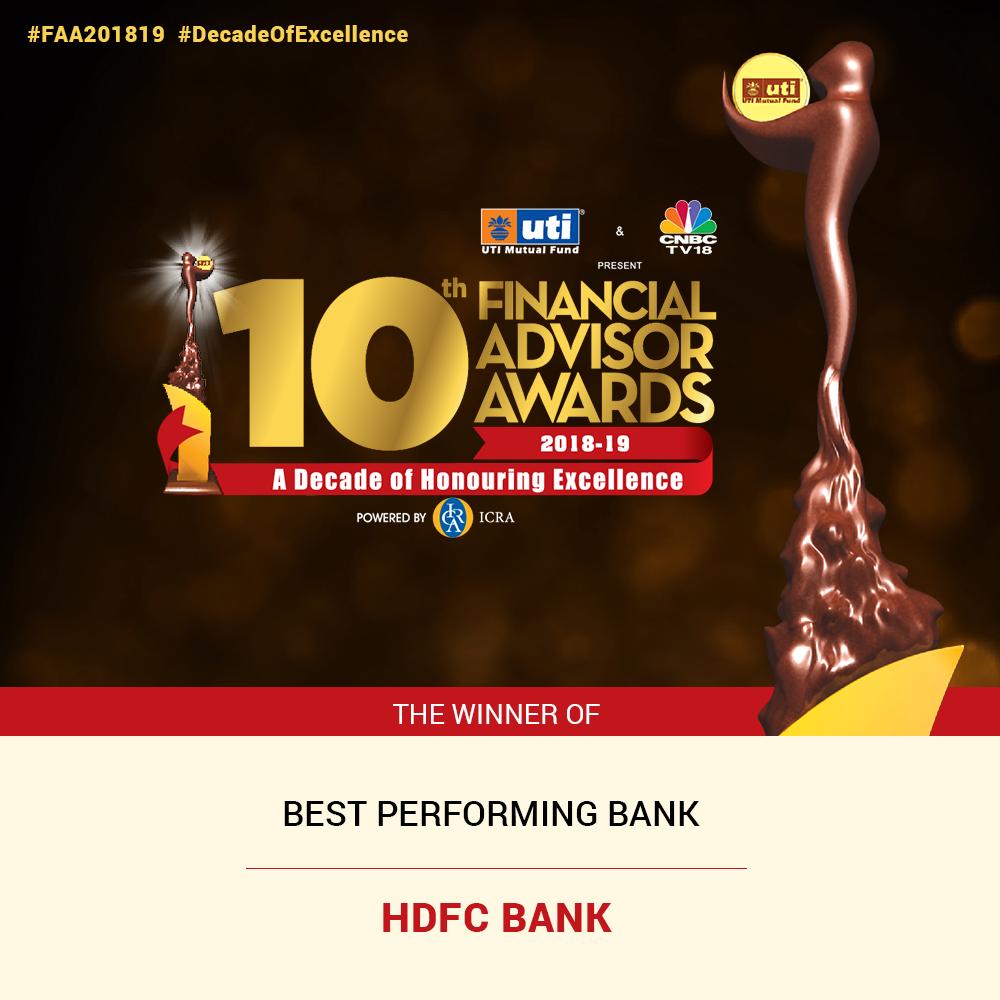 CNBCTV18News's tweet photo. The winner of the ‘Best Performing Bank’ at the @utimutualfund presents #FinancialAdvisorAwards is HDFC Bank Ltd. Congratulations! #DecadeOfExcellence #FAA201819 @HDFC_Bank https://t.co/ggfnXPVWJU