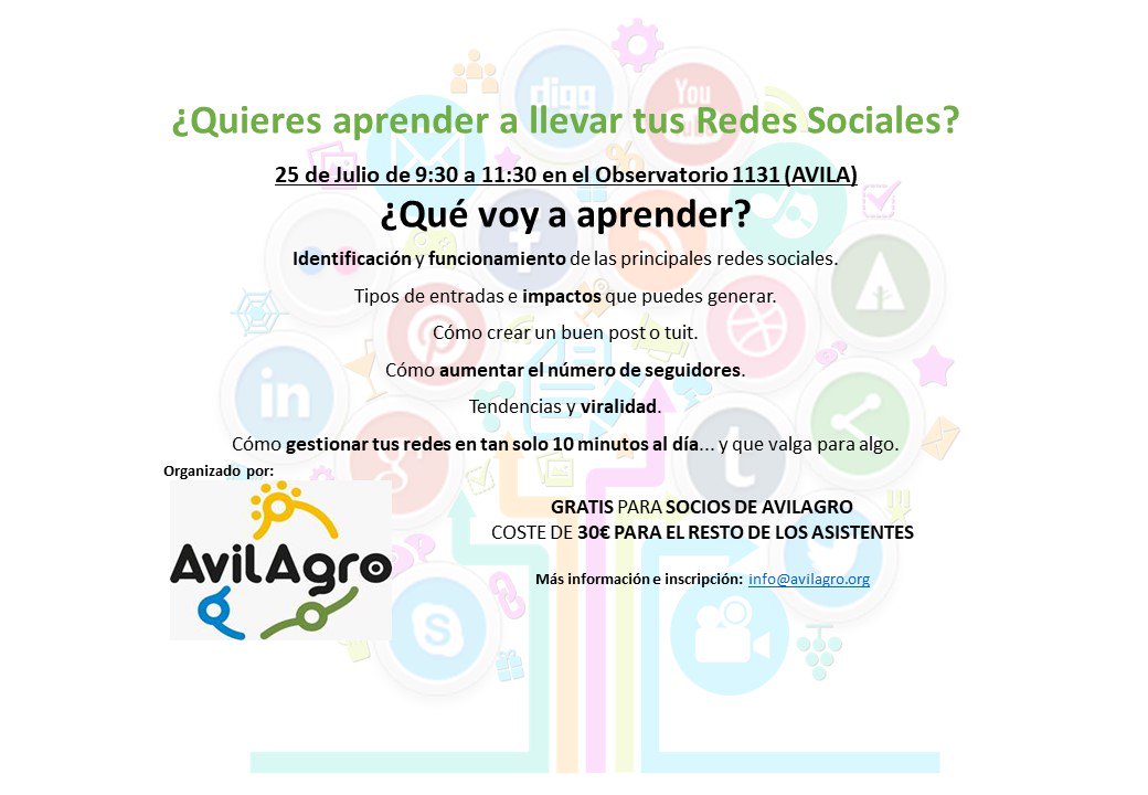 ¿Quieres aprender a llevar tus Redes Sociales?
Apunta en tu agenda 25 julio
#rrss #industria #agroalimentaria #avila @Avila1131 
Socios GRATIS solo confirmar asistencia
Si aun no eres socio de Avilagro puedes comprar tu entrada
🔜 ow.ly/Blyk50uXEuw