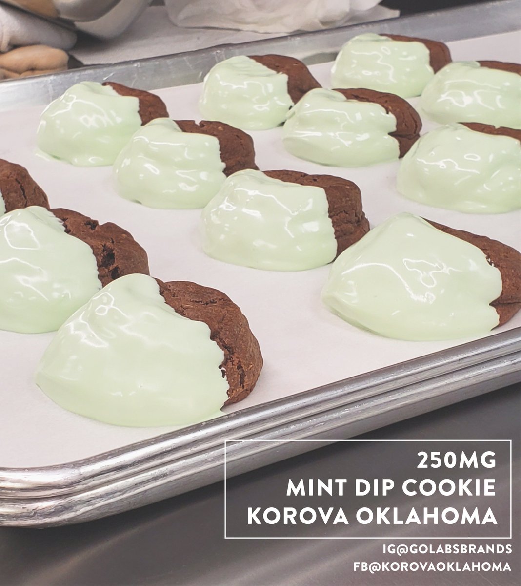GoLabsKitchen's tweet photo. #Korova 250mg Mint Dip Cookie - Luscious, double chocolate chip cookie with smooth, creme de menthe chips. Dipped in gourmet mint chocolate! #GoLabsKitchen #KorovaOklahoma #KorovaOK #THC #EDIBLES #CannabisCommunity https://t.co/Iw0B64VEJI