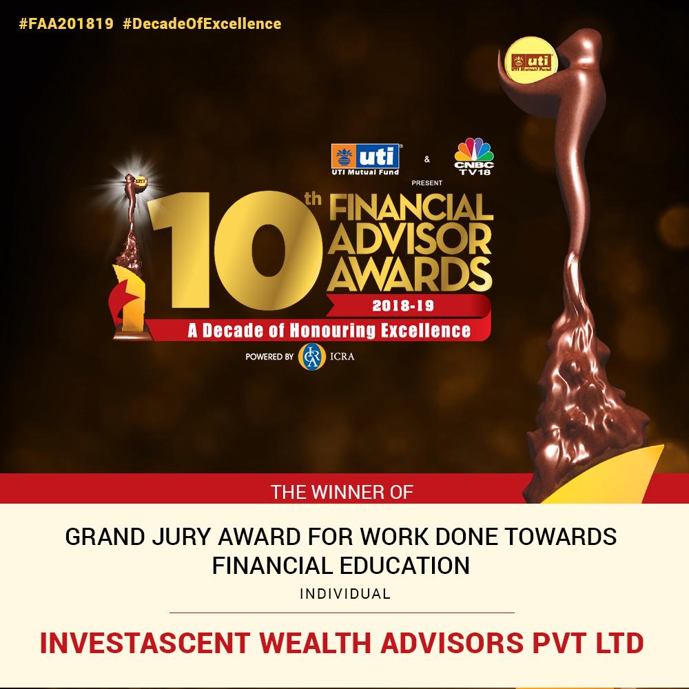 CNBCTV18News's tweet photo. The winner of the ‘Grand Jury Award for work done towards financial educational – Individual’ at the @utimutualfund presents #FinancialAdvisorAwards is InvestAscent Wealth Advisors Pvt Ltd. Congratulations! #DecadeOfExcellence #FAA201819 https://t.co/M7SefkPZG0