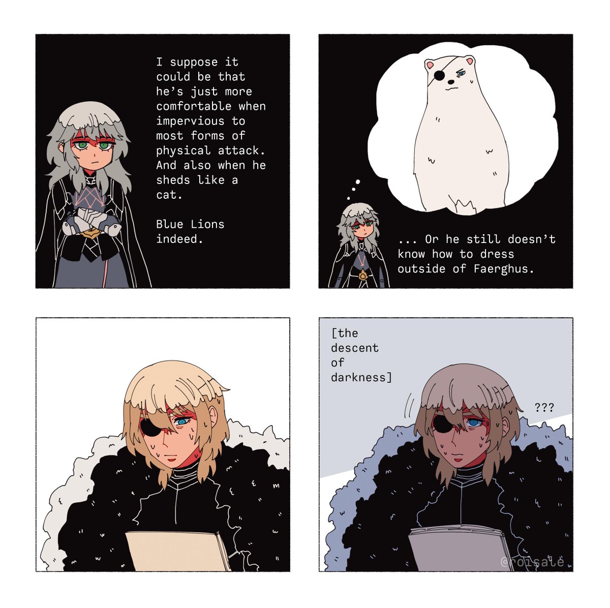 i should say that i'm not an expert on The Biomes Of Fódlan so i don't know if they have polar bears or not but f nothing else i think they could have white bears who live in cold places. like, that seems feasible to me