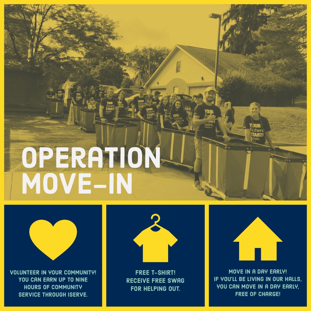 Hey all returning residents!

Would you like to move in to the halls a day early, free of charge? We’re hosting Operation Move-In again this year, and we need volunteers to help move in our new students! 

You can apply here: bit.ly/wvumovein by August 11. Thanks! 💛💙
