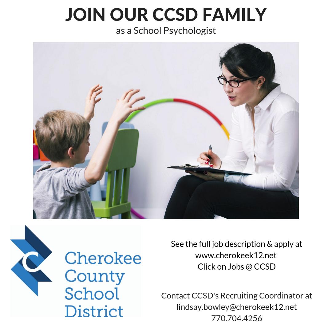 Please share our new job listing for a School Psychologist -- this position offers competitive compensation &amp; benefits, great work calendar, and wonderful work environment. Join the #CCSDfam &amp; apply: bit.ly/jobsCCSD Questions? Contact Lindsay.Bowley@cherokeek12.net