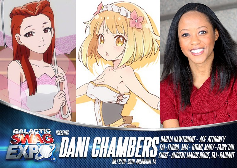 GalacticSwagFW's tweet photo. Dani Chambers, a voice actor from Fairy Tail, Ace Attorney, Radiant and much more will be making an appearance at Galactic Swag Expo hosted by @EsportsStadium 

Only a couple more weeks left!
https://t.co/XKleuMuWRE

#GalacticSwagExpo2019 #VoiceActor #anime #EsportsStadium https://t.co/clQddVsxyz
