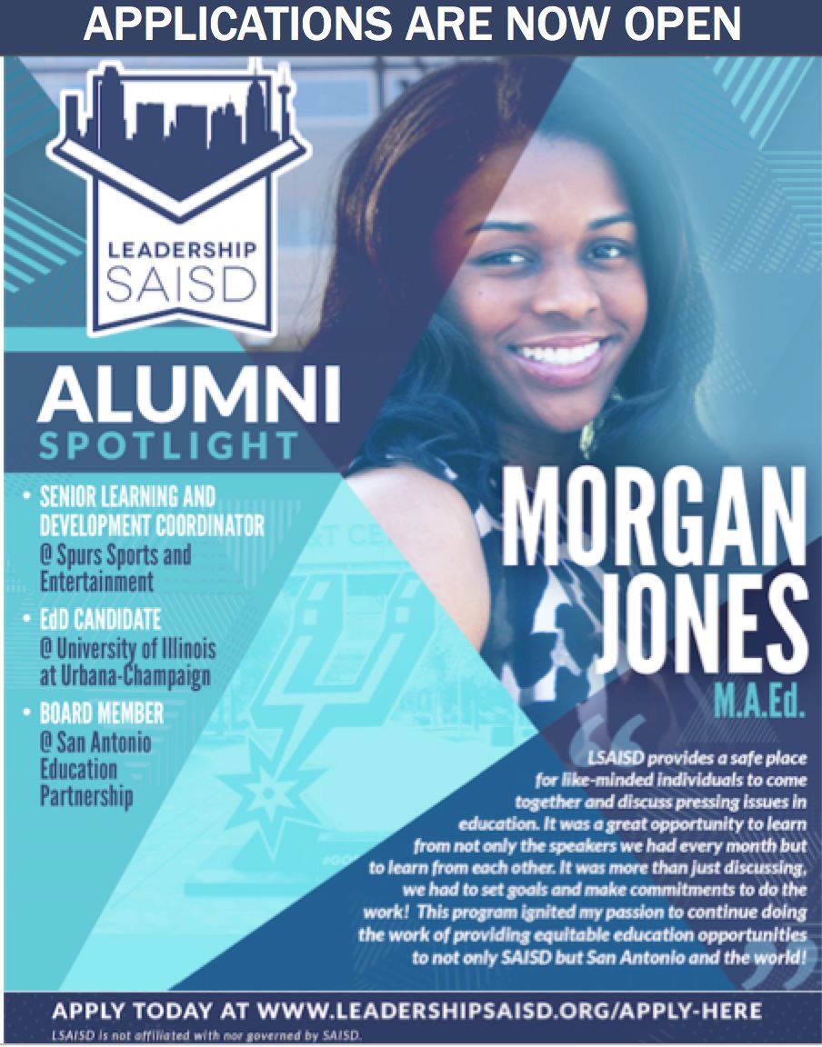 1 week left to apply to LSAISD!

Morgan Jones serves as the Learning And Development Specialist at Spurs Sports &amp; Entertainment and as a Board Member for the San Antonio Education Partnership at Café College. Read about her LSAISD experience.

Apply at leadershipsaisd.org/apply-here