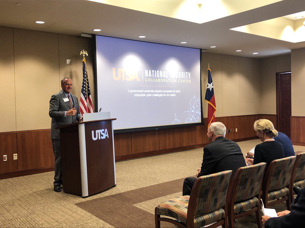 UTSA's tweet photo. “We are in good hands,” @PresidentEighmy said as he introduced the new founding executive director of the National Security Collaboration Center, Guy M. Walsh.
We know that’s true. We look forward to seeing the #UTSANSCC thrive under Walsh’s vision and leadership. #UTSA #Cyber https://t.co/rlkyIG7BBn
