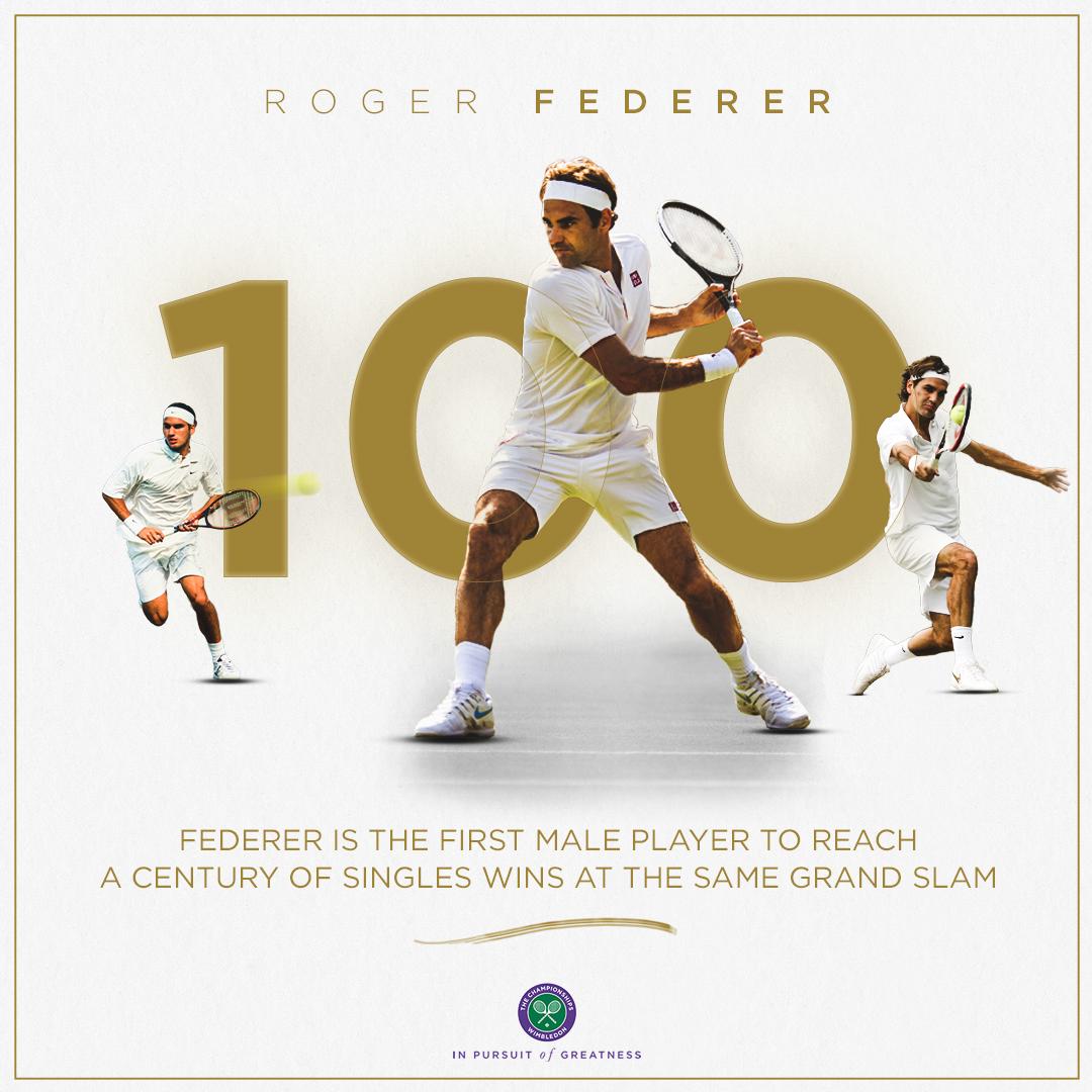 Record-setter. Again. @rogerfederer makes it a century at #Wimbledon ...