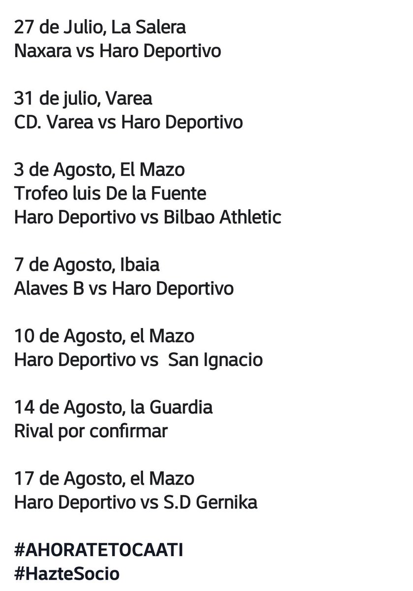 HaroDeportivo's tweet photo. Ya podemos confirmaros nuestra pretemporada

Comenzamos el 27 de julio en Nájera.

Si no te lo quieres perder vete a las taquillas de #elmazo de 20:30 a 21:30 y hazte socio.
No lo dudes que este año vamos a disfrutar de esta histórica temporada

#AHORATETOCAATI
#HazteSocio https://t.co/W8ZHbClN55