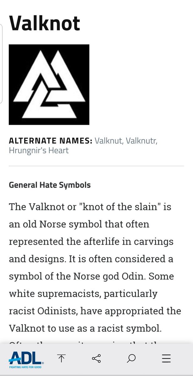 Valknot is another norse symbol nazis like a lot. It's associated with Ásatrú (also called Odinism or Wotanism), a Norse neo-pagan religion that's extremely popular with Norse-oriented neo-nazis.