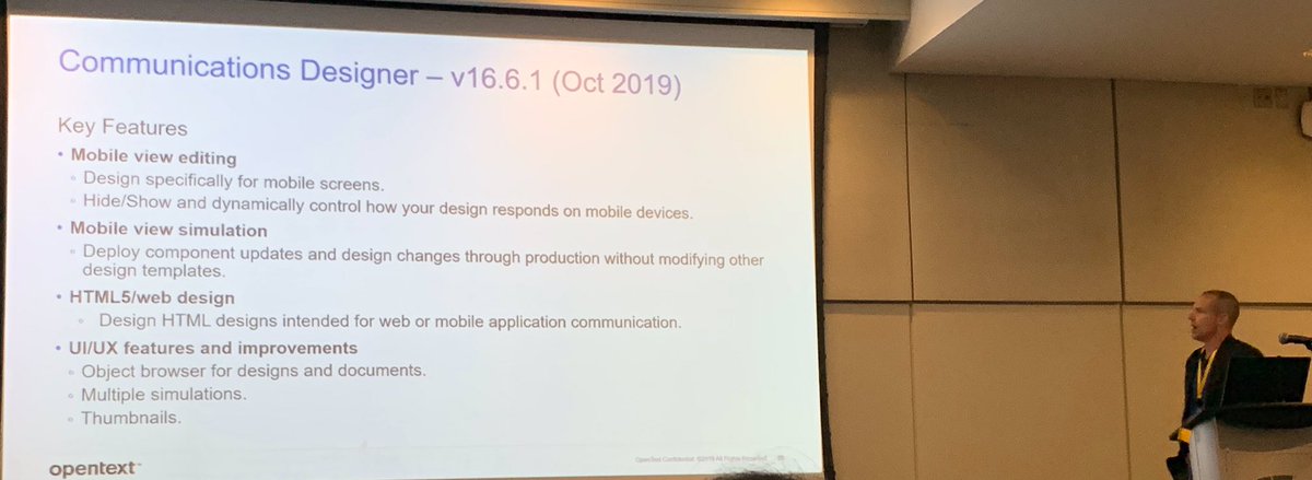 XStreamReports's tweet photo. Dwane Gilvin sharing what is coming in @OTExstream Communications Designer v16.6.1 in October 2019. #mobile features in focus. #StreamServe #otew #Exstream #ccm https://t.co/dKqxoe9A5I