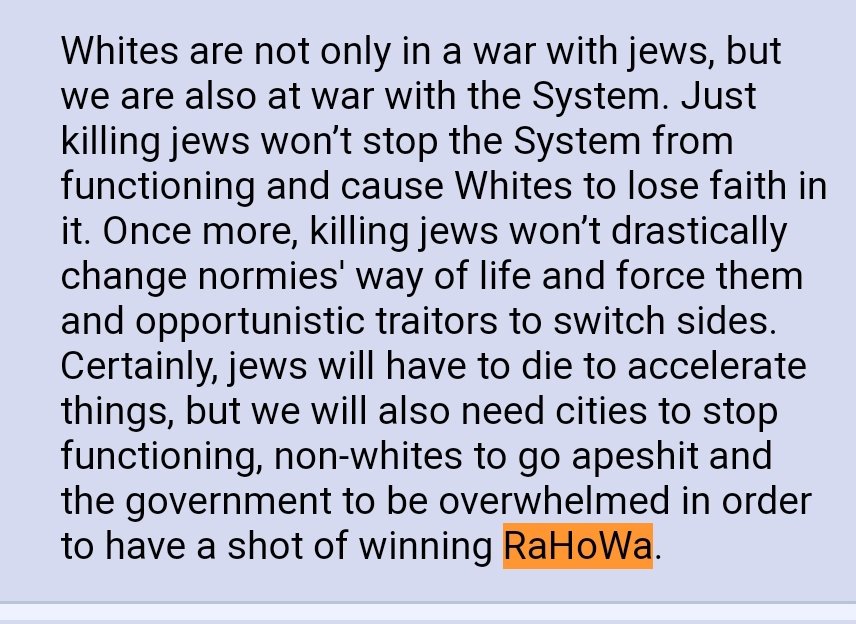 RaHoWa = racial holy war.It's the imaginary violent race war nazis predict is coming down the road. They think they'll be the white knights who defeat what they believe to be a Jewish-controlled government, clearing the way for a white ethnostate.