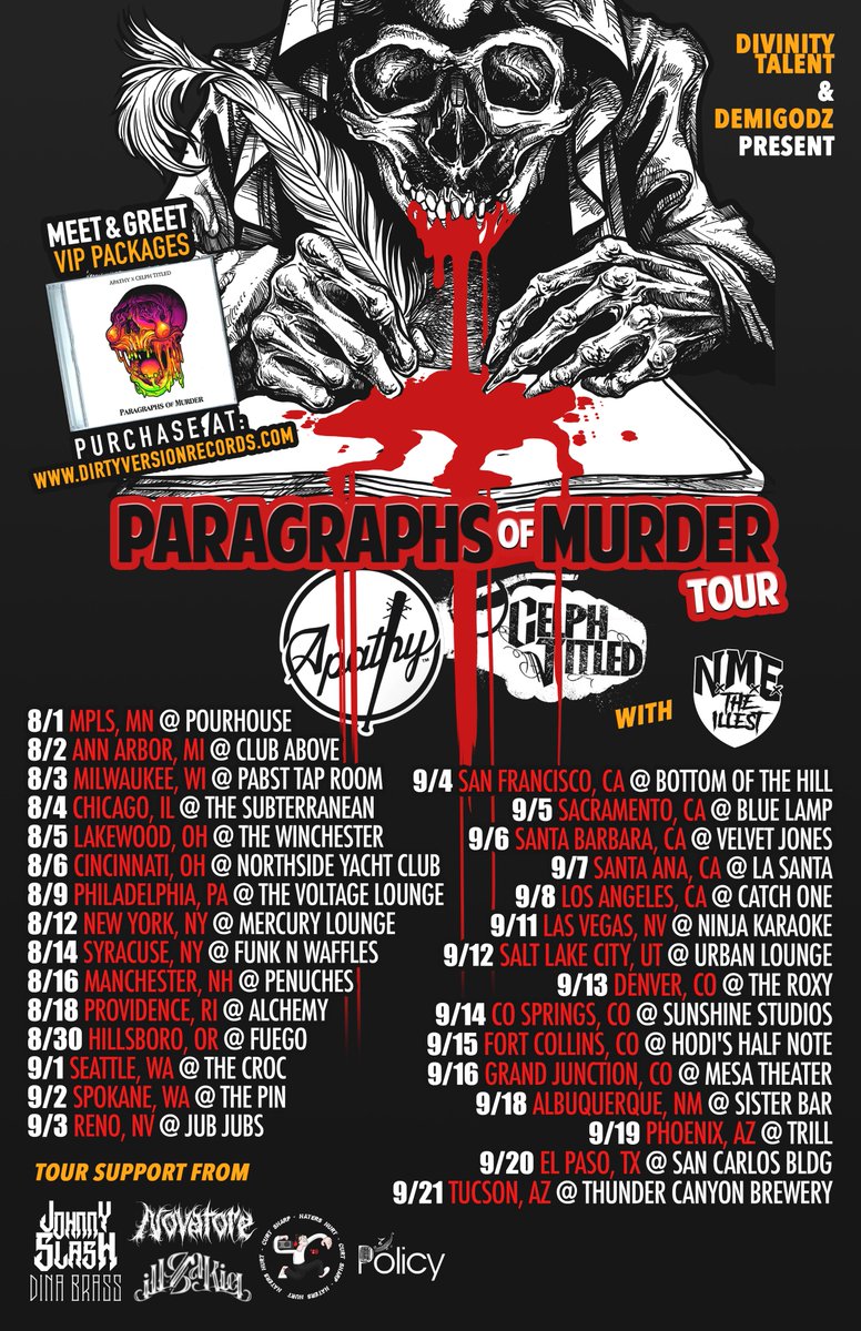 The @ApathyDGZ + @CelphTitled Paragraphs of Murder TOUR blasts off in 3 weeks! Get your VIP meet-n-greet upgrades dirtyversionrecords.com