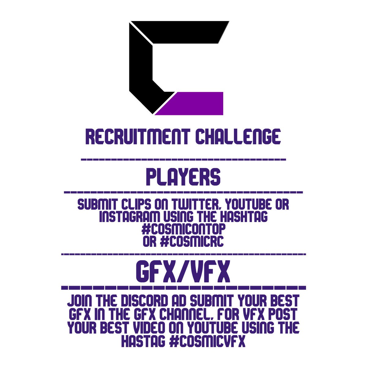 cosmicontop_'s tweet photo. HE'RE IS OUR RECRUITMENT INFORMATION
our clan is growing rapidly with 1.1k on Instagram, and gaining 63 followers in 2 days. We have decided to do a recruitment challenge for people that are hoping to join an established org with: 4 sponsors, and 4 different gaming teams. https://t.co/RSIaVh8IPj