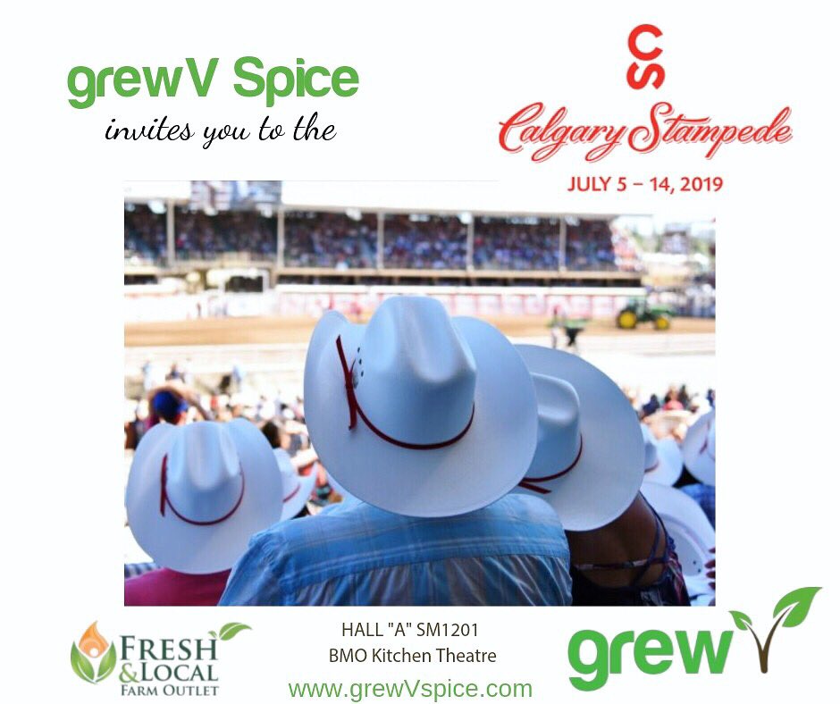We are at the <a href="/calgarystampede/">Calgary Stampede</a>! Come visit us at the BMO Centre. Let’s get #grewV!
•
#grewV #grewVspice #grewVway #yycfood #foodyyc #spicecalgary #calgaryspice #yycspices #spicesyyc #waystousegrewV #waystousegrewVspice #whatdoIputgrewVspiceon #grewVinabottle #grewVspiceallinone