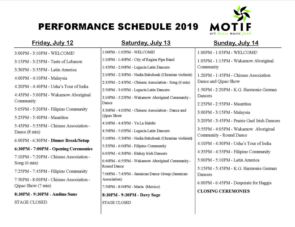 The Motif 2019 performance schedule!