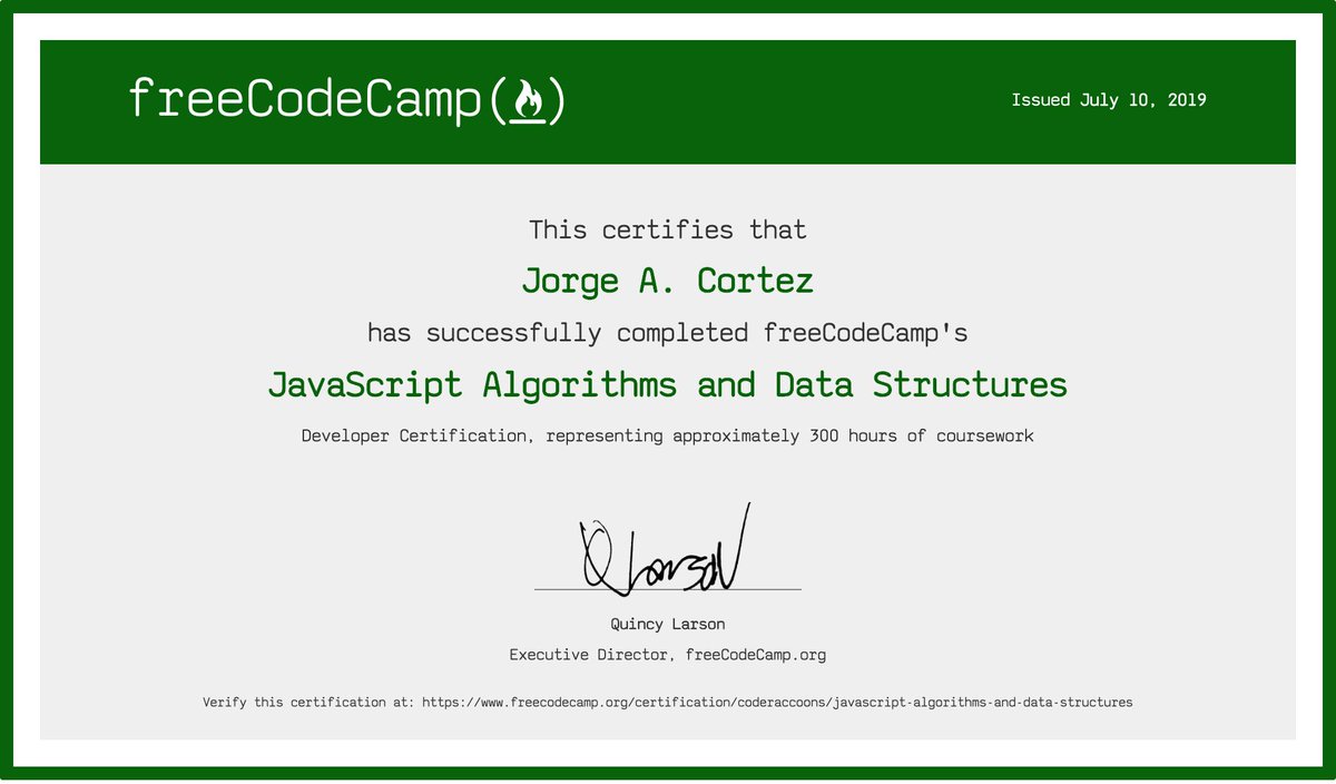 TheCodeRaccoons's tweet image. Finally!
I kind of let down the #100DOC challenge  because I was too busy at work, I will start back after my PM gets the project together next week but for now im super happy of finally finish my JS Algorithms and Data Structures cert. from #freeCodeCamp :D!