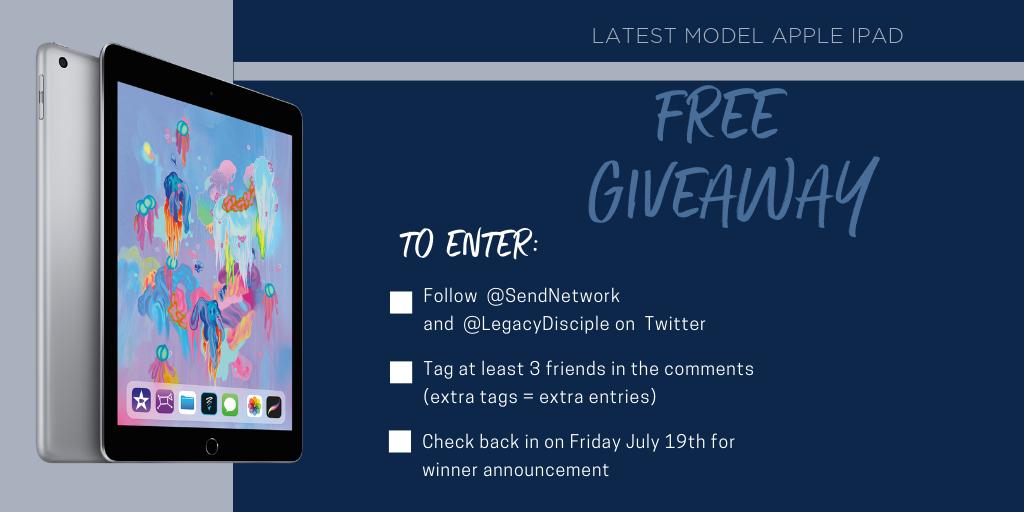 Legacy Disciple has teamed up with <a href="/SendNetwork/">Send Network</a>
 for another giveaway!

To enter to win the latest Apple iPad:
- Follow <a href="/SendNetwork/">Send Network</a> &amp; <a href="/LegacyDisciple/">Legacy Disciple</a>
- Retweet &amp; tag at least 3 friends (extra tags = extra entries)
- Winner will be announced on Friday July 19th. Good luck!