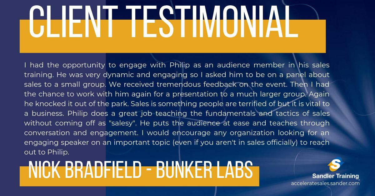 pgialenios's tweet photo. In our clients own words, see what Nick Bradfield from Bunker labs had to say about Sandler Training.
Let’s figure out together if we are the right fit for you: https://t.co/XE6ZAU5GFg
#Client #Testimonial #HowToSucceed #SandlerTraining #AccelerateSalesTraining https://t.co/TVukN7uLgf