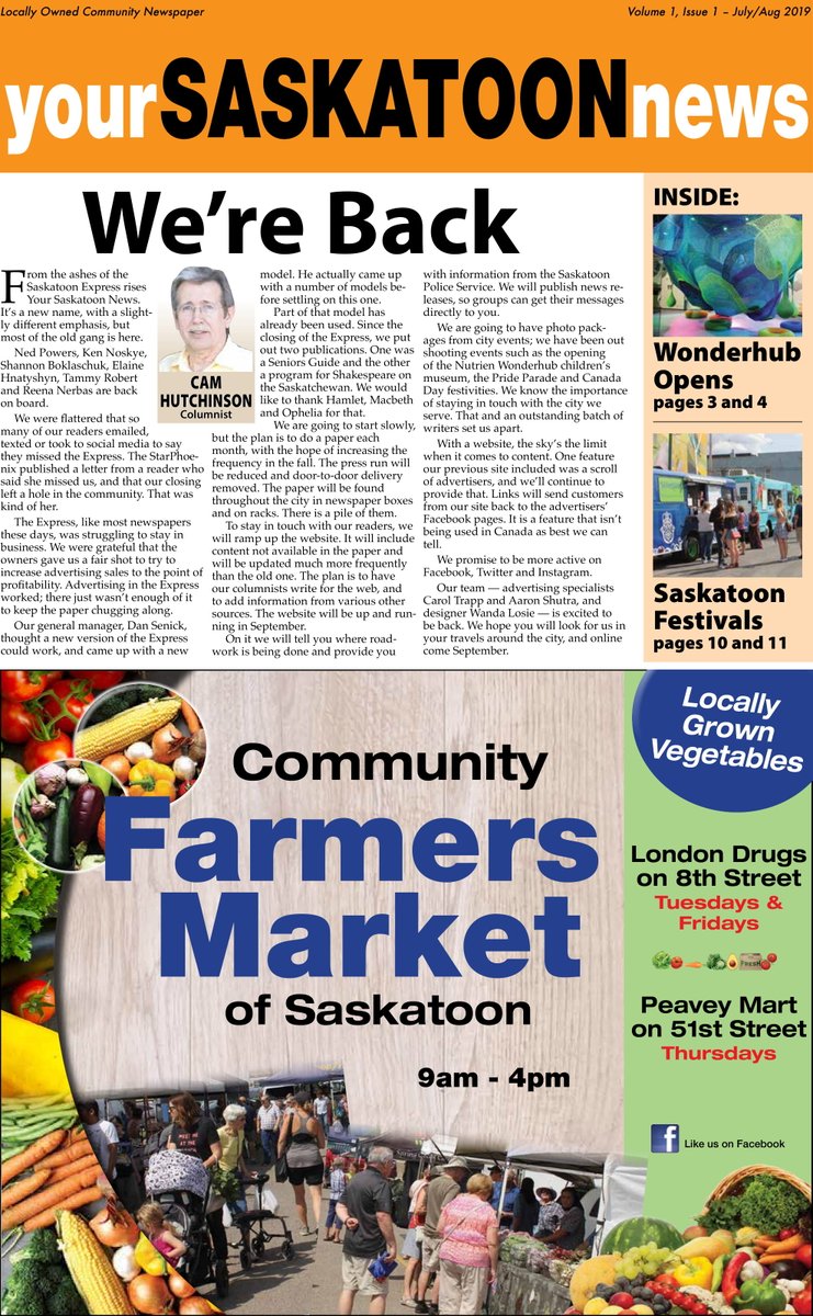 yourstoonnews's tweet photo. We’re Back
That is the headline you'll see next week on the front cover of our new newspaper. Former employees of the Saskatoon Express have created a monthly newspaper called yourSASKATOONnews. You will again get to read columns and articles from your favourite Express writers. https://t.co/VbT3MPipRx
