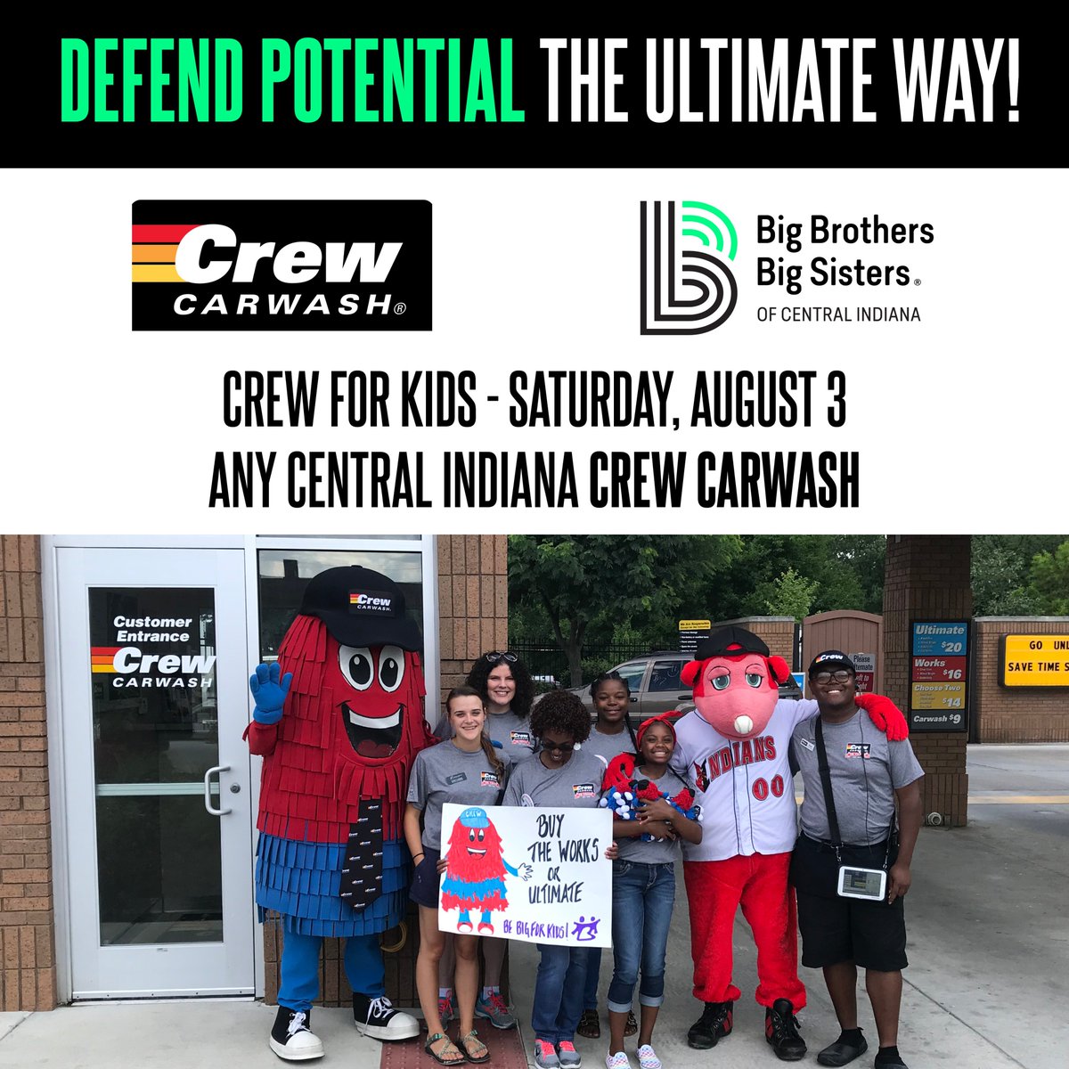 BigBroBigSisIND's tweet photo. DEFEND POTENTIAL THE ULTIMATE WAY!
.
.
On August 3, we're partnering with @Crew_Carwash for the 10th annual Crew for Kids. Purchase the Ultimate wash on 8/3 and Crew Carwash will donate 50% of your purchase to BBBSCI!
.
.
#CrewCares #Crew4Kids #BeBIGForKids https://t.co/meIp4yrWQA