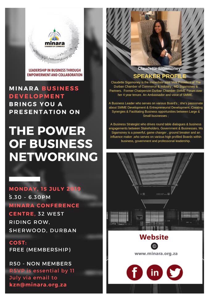 Join me at the Minara Business Development , as I share my business expertise and knowledge base on the ‘#PowerofNetworking 
With #BusinessLeadership, #SMMEs and #Entrepreneurs 
#EffectiveNetworking 
#businessnetworking #powerofnetworks #businessopportunities #createsynergies