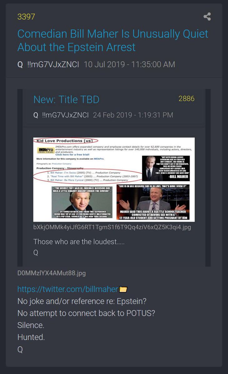 Bill Maher; Q attacker, isn't laughing anymoreSame day Chandler posts Epstein Island footage, Bill Maher makes pedo joke about catholic priests"What could go wrong?""Kid Love productions"No coincidences #QAnon  #WWG1WGA  #MEGA  #GreatAwakening  #DarkToLight  #Epstein  #BillMaher