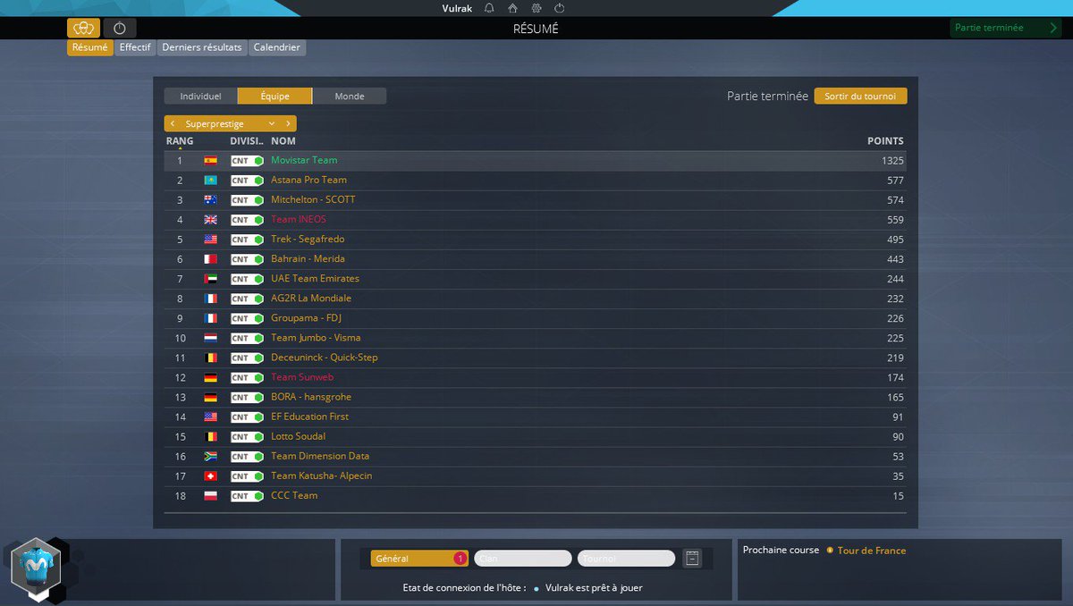 Vulrak's tweet image. #PCM2019 | Je créer ma première partie en réseau avec des inconnus. Je choisis l&apos;étape du tour : Albertville - Val Thorens. Direct ça prend Froome/Thomas (Team INEOS) et Dumoulin (Team Sunweb). Je prend donc Carapaz (Movistar) pour être compétitif également et voilà le résultat.