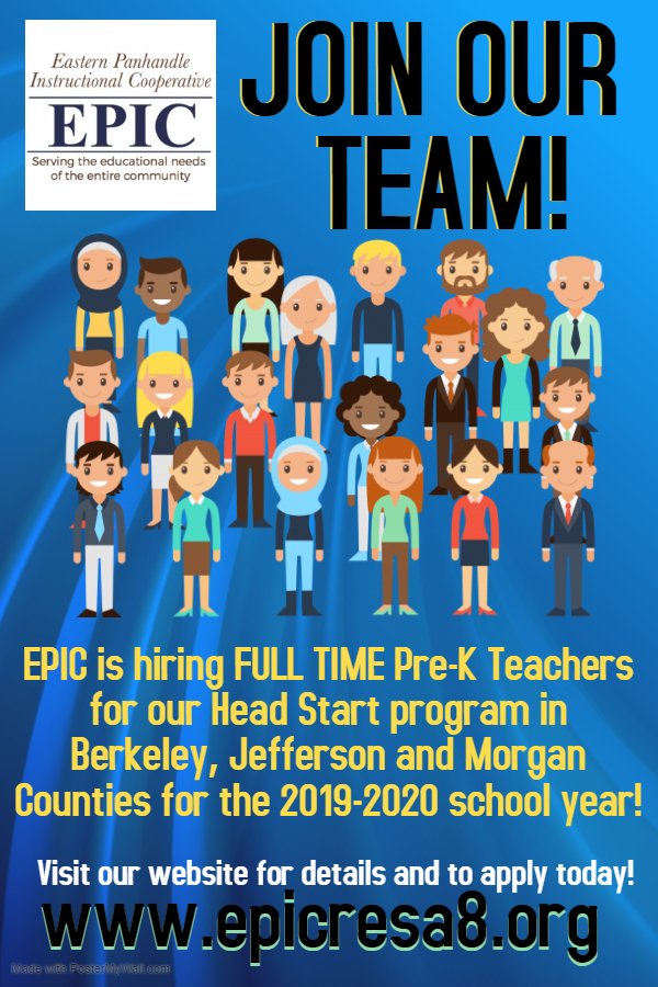 RESA_8's tweet photo. EPIC is hiring full-time PreK teachers for our Head Start program in Berkeley, Jefferson and Morgan Counties! Visit our website to learn more and to apply today! https://t.co/6kXM57s9Bj https://t.co/US3PR6zJ6s
