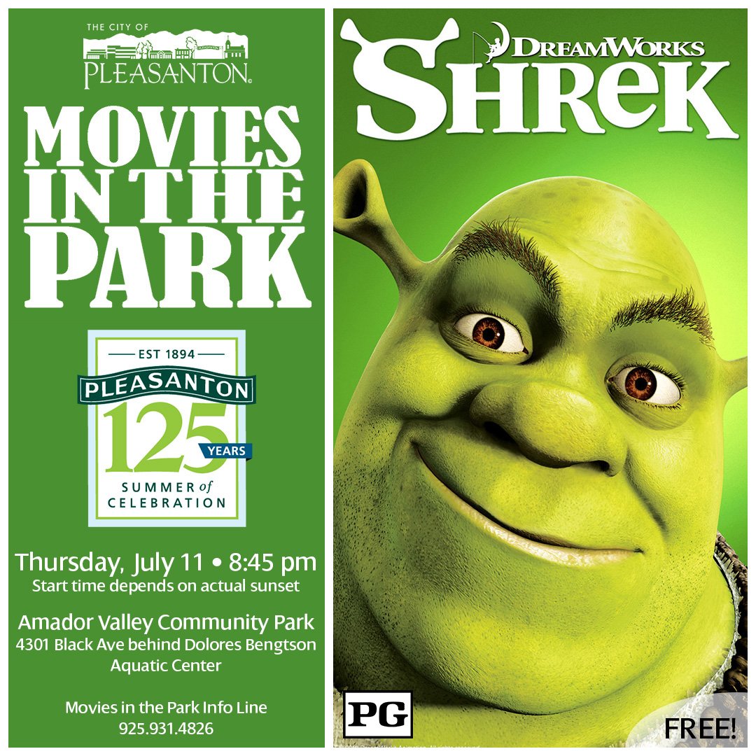 Join us tomorrow night for the first Movie in the Park of the summer, "Shrek"! Bring snacks, a blanket, and your lazy low-back chair to Amador Valley Community Park for this FREE Pleasanton family-friendly tradition. The movie starts at dusk, around 8:45pm. #moviesinthepark