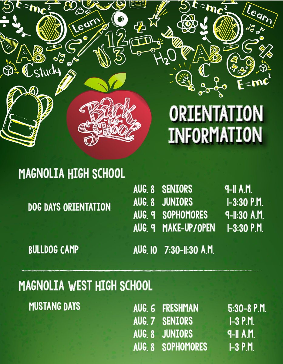 MagnoliaISD's tweet photo. Parents: Mark your calendars for your student's back to school events! And visit our back to school site for all the details including before/after care, transportation, school accounts and more! https://t.co/n7Vw9vKNns