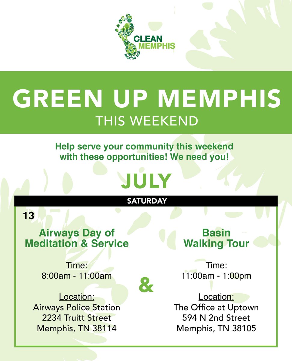 Help 💚 Green Up Memphis 💚 this weekend by serving your community with 2 volunteer opportunities! For more information on each cleanup, see links below:

Airways Day of Meditation &amp; Service: givepulse.com/event/117675 

Basin Walking Tour: givepulse.com/event/117673