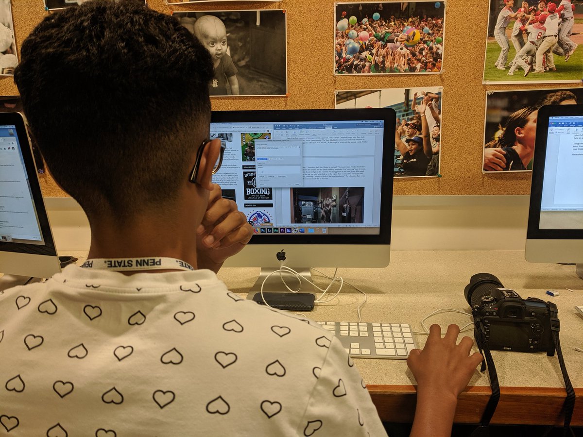 PSUCommCamp's tweet photo. #WeAre hard at work writing articles, analyzing audio, and compiling video footage. #DJC2019 https://t.co/FHnOLwrmaX