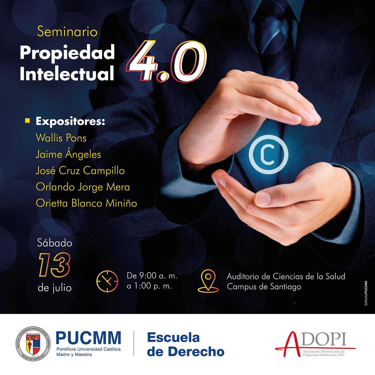 jpadvisors_do's tweet photo. Extendemos la invitación de la @ADOPI_DR y la @PUCMM al Seminario Propiedad Intelectual 4.0, en el cual nuestro socio @JoseCruzCampill estará participando como expositor. ¡Les esperamos! #JCP #Socios #NuestroEquipo #ADOPI #PUCMM #PropiedadIntelectual #Seminario https://t.co/HrxxFnwuzq