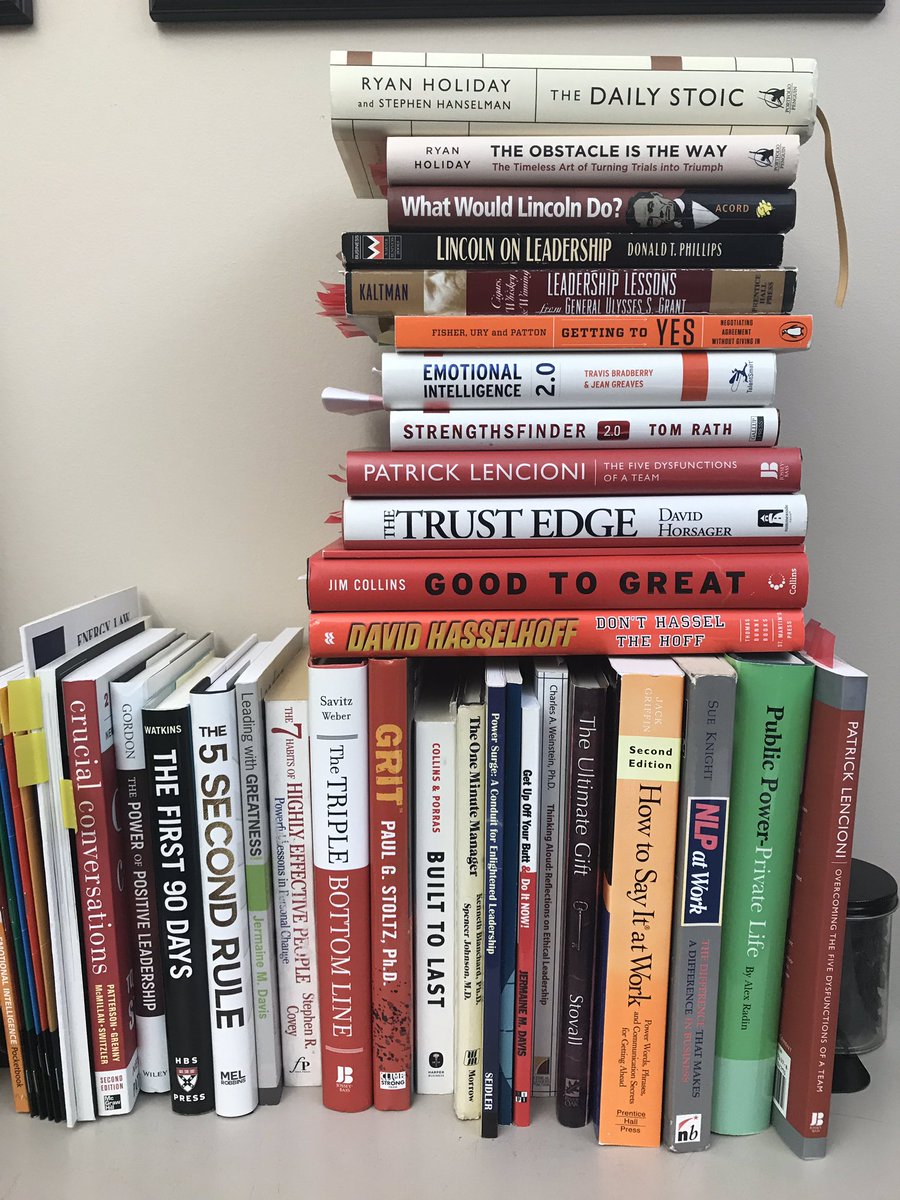 In followup to a Q from @mojosarmy during last week’s #diymusicchat, here’s the stack of leadership/productivity books I have at work. My “go to” books:
#TheDailyStoic
#TheObstacleIsTheWay
#GoodToGreat
#TheFiveDysfunctionsOfATeam
#TheTrustEdge
#LeadershipLessonsUlyssesSGrant