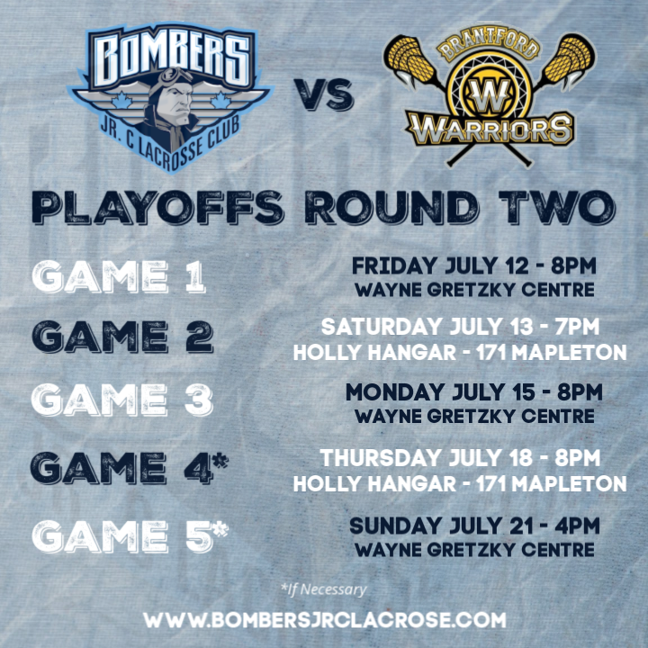 BombersJrC's tweet image. The Bombers have advanced to round two of the @OJCLL playoffs!

The #BombSquad opens the series on the road against the @BrantfordJrCLax before returning home this weekend!

Doors open Saturday 6:30 PM, ball drops 7:00 PM. Doncha Dare Miss It!

#Barrie #Lacrosse