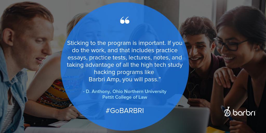 barbri's tweet photo. “Sticking to the program is important. If you do the work and take advantage of all the high tech study hacking programs like Barbri Amp, you will pass.”

 -David Anthony, Ohio Northern Univ. Pettit College of Law
.
.
 #OwnTheBar #GoBARBRI #BarExamTips #BarPrep #BARBRI https://t.co/Yjzkj587R8