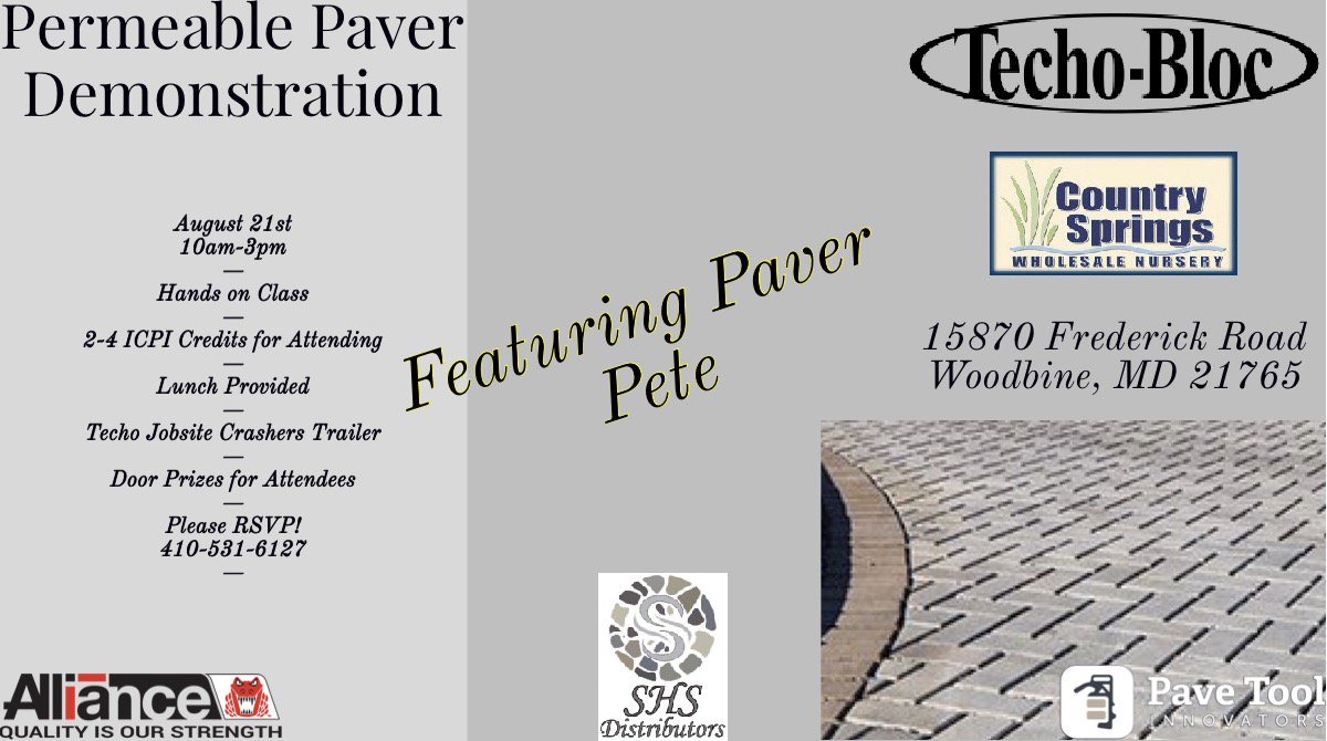 CSpringsLisbon's tweet image. #CSWN is hosting a #Techo permeable pavers demonstration you won’t want to miss!  @paverpete1 will be teaching this hands on class! Please call 410-531-6127 to reserve you spot!