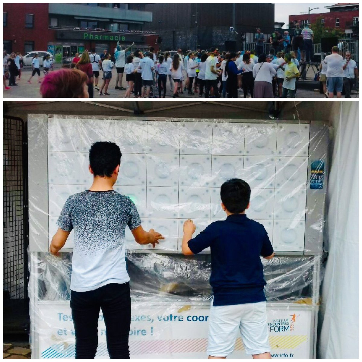 Ce soir à la COLOR'HEM🏃‍♀️🏃‍♂️course colorée 🌈à #Hem, protection maximale pour notre mur lumineux ! Cela n'a pas empêché petits et grands de venir tester leur niveau de #coordination ! Une astuce pour travailler cette capacité physique > brossez-vous les dents sur une jambe !! 😁