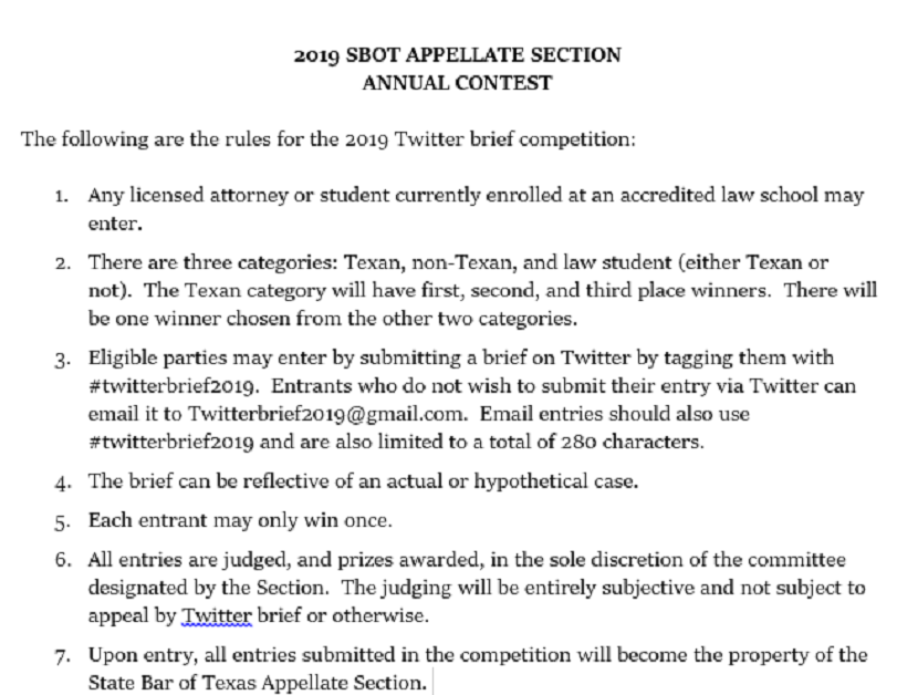 TexAppOrg's tweet photo. @TexAppOrg is proud to announce its 2019 Twitter Brief contest! Submit a tweet sized brief on any topic at #twitterbrief2019. Rules below.
Winners will be chosen by an all-star panel of judges, including, @JusticeWillett, @NathanLHecht, @BridgetMaryMc and @bethwalkr! https://t.co/ViIqt1iF3A