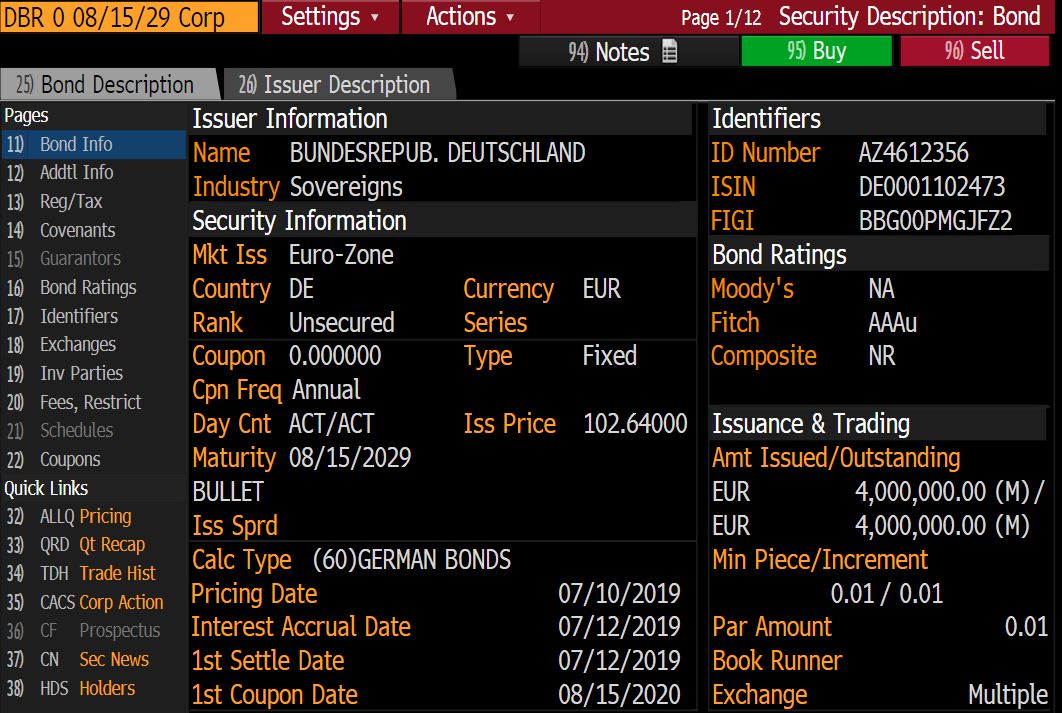 Today Germany sold 10-year bunds with NO COUPON. Yield was -0.26%.

I'm old enough to remember when zero-coupon bonds were sold at a deep discount to par, not at 103 cents on the dollar.