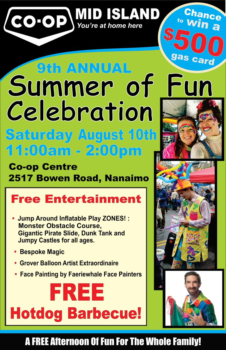 MARK YOU CALENDARS!!!!

Mid Island Co-op Summer of FUN FREE Family Day is Saturday August 10th 11am-2pm! 2517 Bowen Road, Nanaimo.