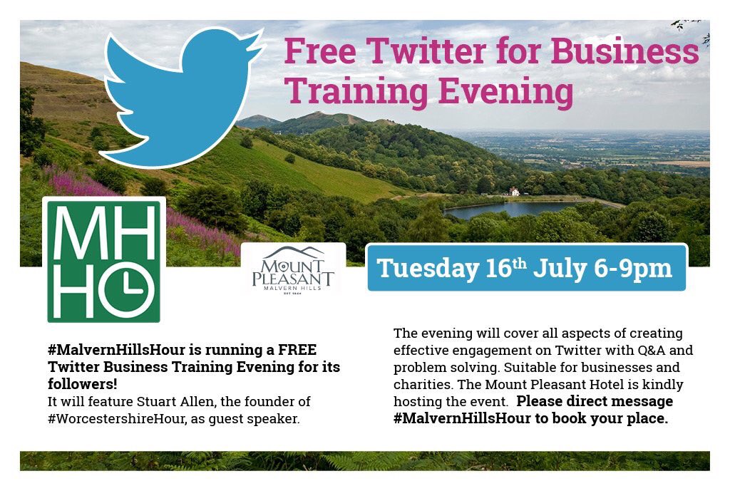 Quick wave 👋 &amp; hello to #MalvernHillsHour tonight. Got back late last night after two days working in Cornwall, so catching up on admin tonight. Looking forward to seeing you @MPmalvern next week for Twitter for Business training! Book direct with <a href="/malvernhillshr/">#MalvernHillsHour</a> 😊
