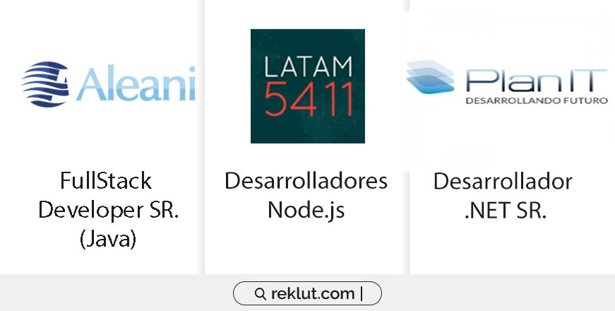 #Empleos #BusquedasIT #OportunidadLaboral
Desde Reklut nos especializamos en Empleos IT + Digital.
Full Stack Developer Sr. (Java): bit.ly/2AM5nLL 
Desarrolladores Node.Js: bit.ly/2XUb4of 
Desarrollador .NET SR.: bit.ly/2CtwzC7