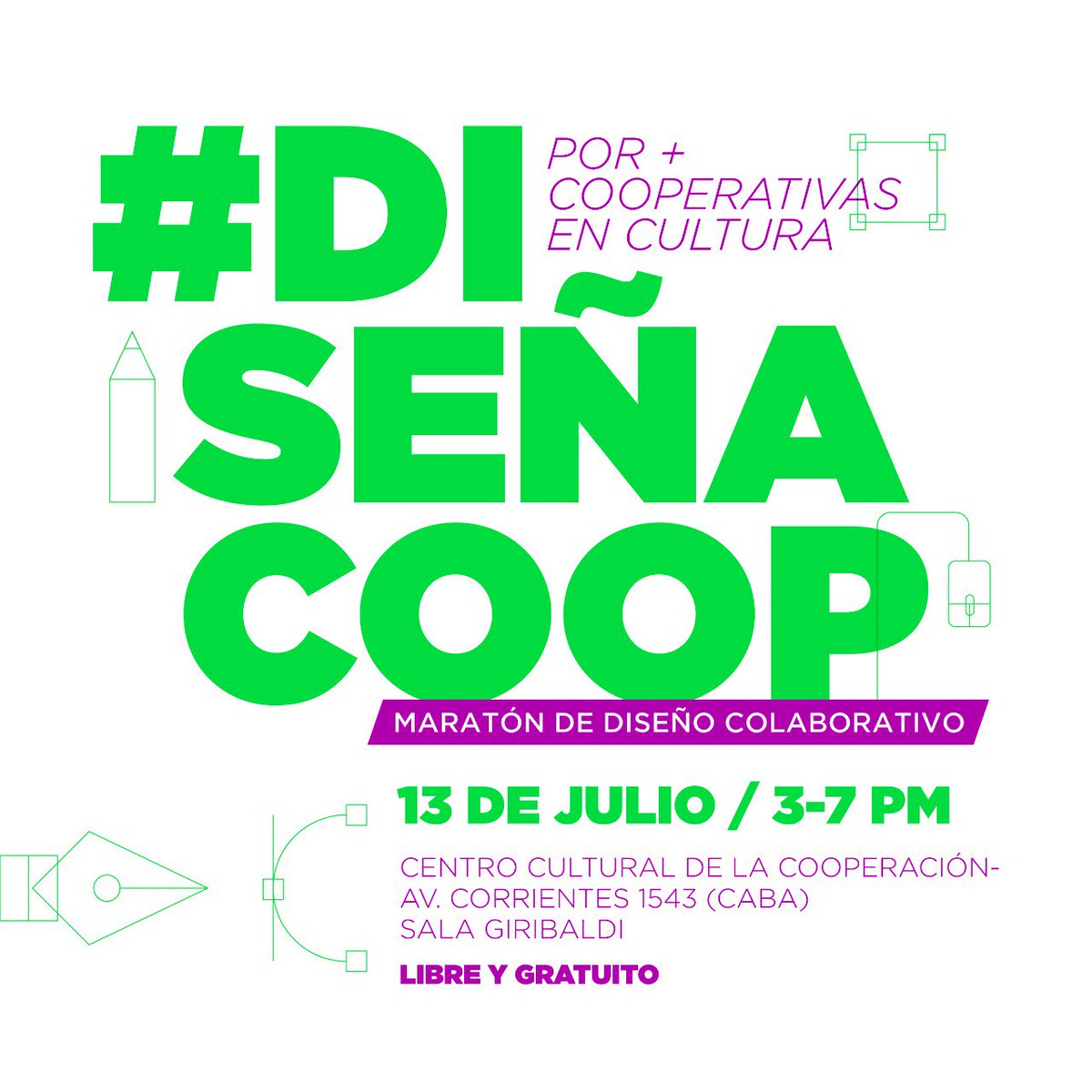 Este sábado les esperamos en #DiseñaCoop una maratón de diseño para más cooperativas en cultura!! Venite y divertite creando ;) Sábado 13/07, de 15 a 19 hs, en #CCC Corrientes 1543, CABA Entrada Libre y gratuita