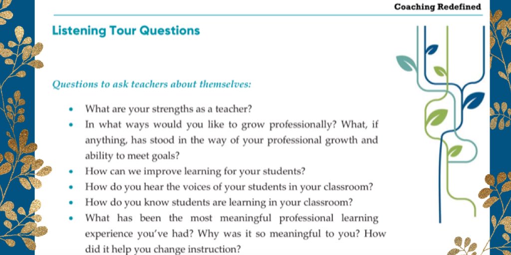 Sherrystclair's tweet image. As part of the Listening Tour, a coach can listen to all stakeholders, including teachers.  This helps form an system view of the school and lets teachers know their thoughts matter.  Here is a snapshot of some of the questions I suggest asking.   #CoachingRedefined #AODL
