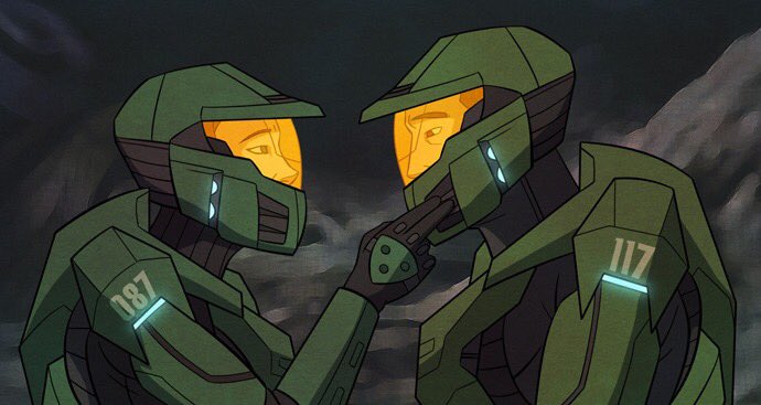 D_Warrior24's tweet photo. In honor of #BlueTeamWeek Iโd like to share the awesome art of @S2BlueTeam and her take on one of my fav scenes in the third halo book: First Strike #SpartanSmile https://t.co/NOOwdw2FhF