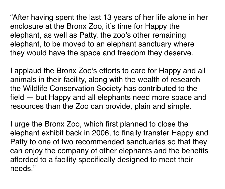 31. HUGE NEWS!!! NY City Council Speaker  @CoreyinNYC is calling for the Bronx Zoo to release Happy the Elephant to a sanctuary! The Speaker is the first elected official to make a public statement calling for Happy's release! We've been waiting years for this moment!