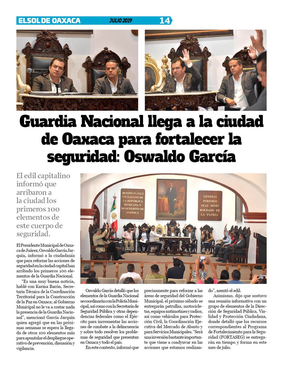 VicManOaxaca's tweet photo. #ElSoldeOaxaca #Num285 #MesJulio #Pag14
* Guardia Nacional llega a la ciudad de Oaxaca para fortalecer la seguridad: @oswaldogarciaj
* El edil capitalino informó que arribaron a la ciudad los primeros 100 elementos de este cuerpo de seguridad... https://t.co/YrRGLXifIv